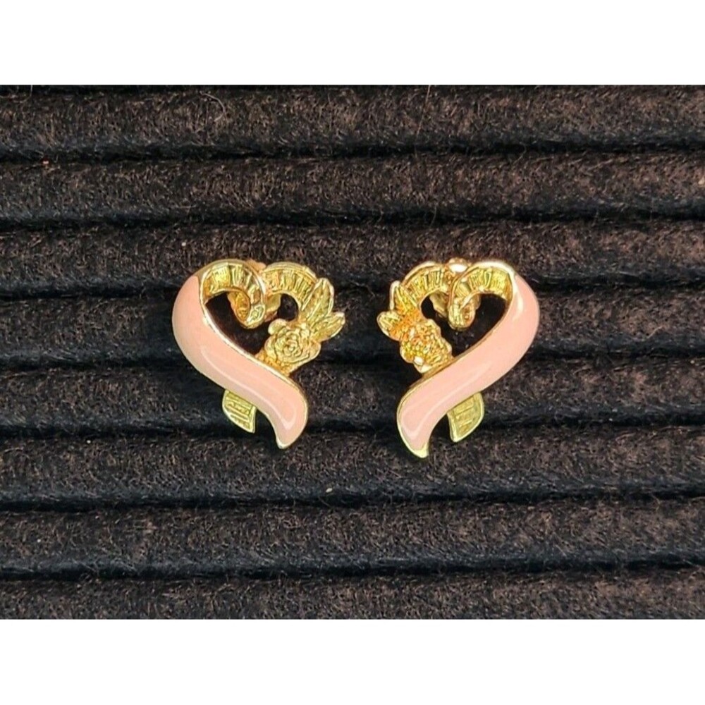 Gold Tone Pierced Post Earrings Pink Enamel Heart Rose Signed AVON Vintage 1996